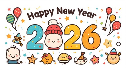 Happy new year 2026 cute cartoon characters and balloons celebratory festive greeting