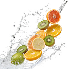 Fresh Citrus & Kiwi Water Splash on transparent background