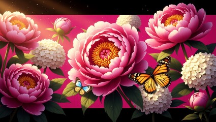 Vibrant pink peonies and butterflies on pink background