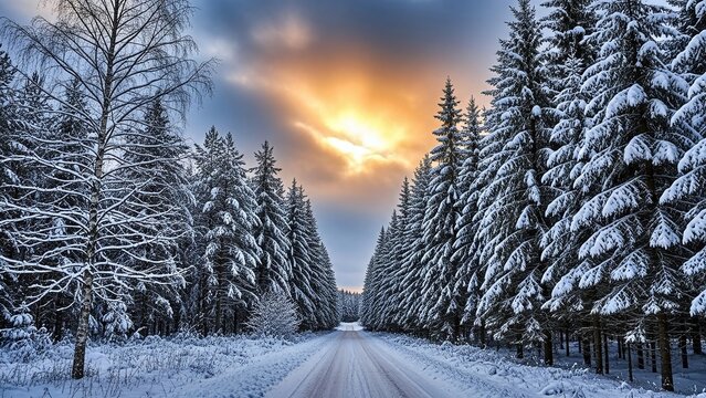 A serene winter landscape featuring a snowcovered road winding through a dense forest of pine trees, illuminated by the warm glow of a sunset sky