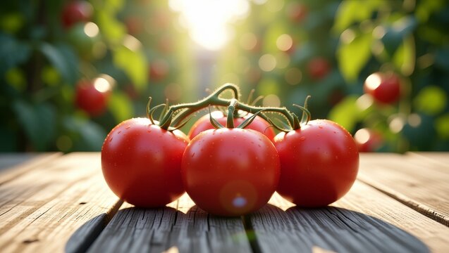 Fresh red tomatoes on vine with water droplets in garden sunlight - Powered by Adobe
