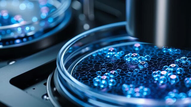 Macro shot single cell isolation chamber with analytical data hologram overlay, precision oncology methodology aesthetic, precision oncology lab