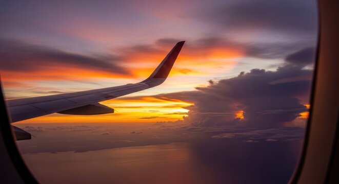 Aerial sunset view from airplane window showcasing wing against vibrant sky and clouds - Powered by Adobe