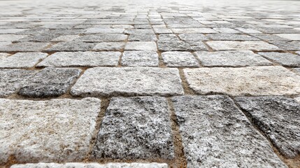 Close-up of old weathered cobblestone pavement texture with varying shades of gray.