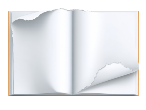 Open book with torn white pages on a transparent background