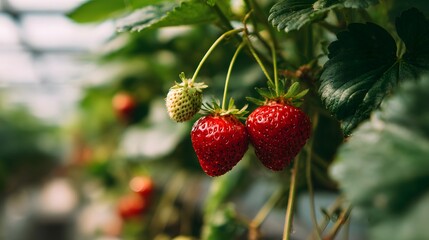 Close-up of ripe red strawberries growing on a plant in a greenhouse.
