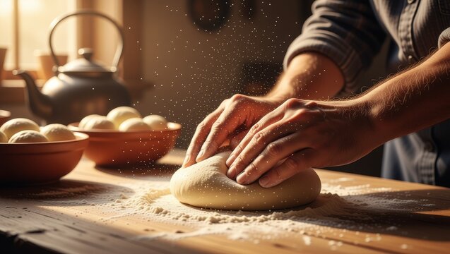Hands kneading dough on flourdusted kitchen table