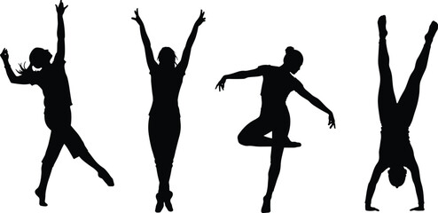 “Silhouette dancers performing dynamic movement poses, creative dance figure illustration for fitness choreography, artistic motion design and expressive body artwork vector”
