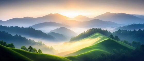 A beautiful landscape featuring rolling green hills, mountains, and a misty atmosphere, illuminated by the sunrise.