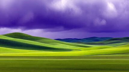A scenic landscape featuring rolling green hills under a dramatic purple sky with clouds.