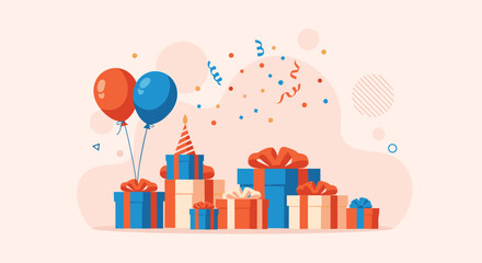 Fototapeta premium A vibrant illustration featuring a stack of beautifully wrapped gifts, festive balloons, and confetti, creating a cheerful birthday celebration scene.