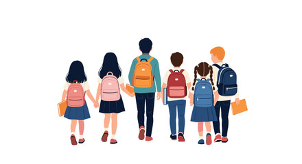A diverse group of school children, carrying colorful backpacks and books, walks together, symbolizing friendship and education.