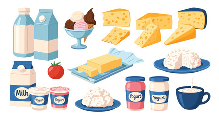 A diverse collection of fresh dairy products, including milk, cheese, butter, yogurt, and ice cream, on a white background.