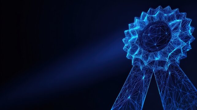 A digital award ribbon with glowing lines shines against the dark backdrop, representing recognition and achievement. ..Created with Generative AI, not depicting real subjects.