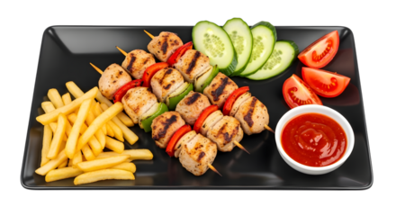 Chicken shish kebabs with fries, fresh vegetables, and ketchup