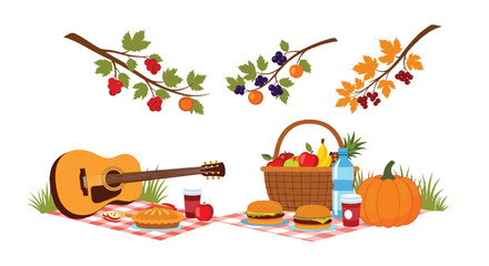 An outdoor autumn picnic scene with an acoustic guitar, a vibrant spread of harvest foods, a fruit basket, and seasonal foliage.
