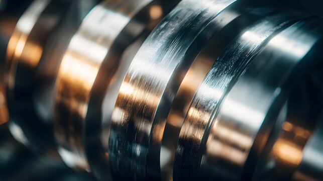 Close-up of shiny metal gears and industrial machinery parts.
