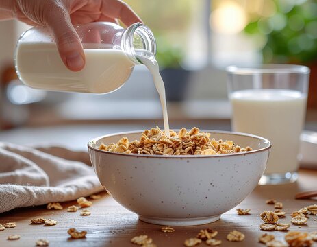 Close-up of pouring milk into a bowl of corn flakes cereal