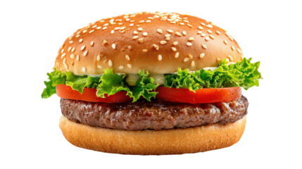 Juicy beef burger with lettuce and tomato on a sesame seed bun hamburger patty, Png On White Background, Isolated on Transparent Background, Cut Out