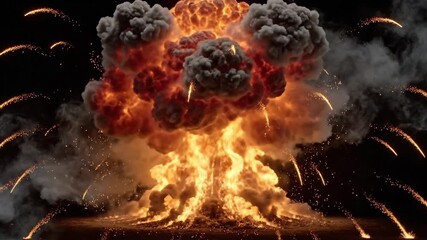 Massive fiery explosion with smoke and sparks erupting against a dark background cinematic effect