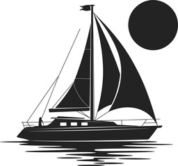 Black Silhouette of Sailboat on Water with Sun on White Background sailing yacht