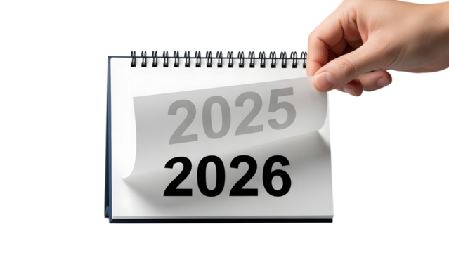 Flipping calendar page from 2025 to 2026 isolated on transparent background