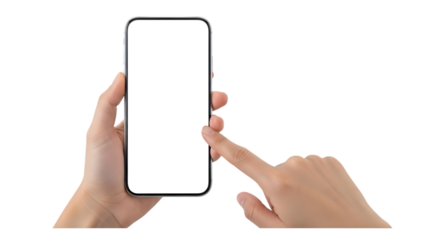 Hand holds modern smartphone with blank screen, finger tapping