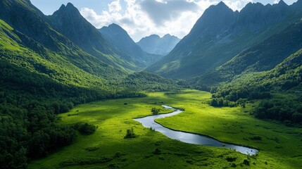 Aerial view of a picturesque mountain valley with a winding river, surrounded by lush green vegetation, under a partly cloudy sky.
