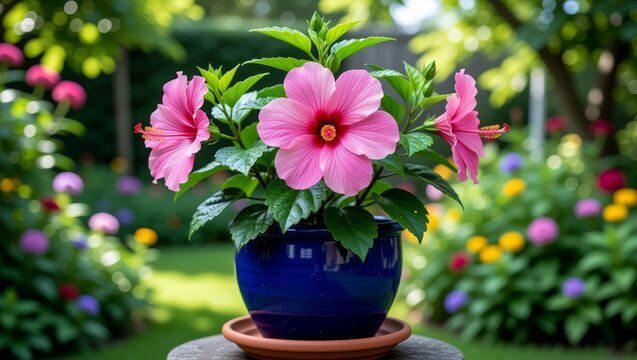 Pink hibiscus flowers in blue pot garden - Powered by Adobe
