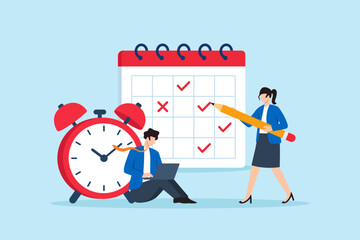 Flat illustration of businessman planning and businesswoman marking tasks on large calendar with alarm clock symbolizing time management deadline tracking and organized work schedule