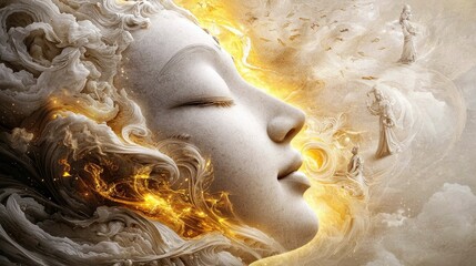 A close-up profile of a serene, closed-eyed face sculpted from white stone, surrounded by swirling, cloud-like textures and golden light. Small, ethereal figure