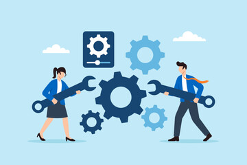 Flat illustration of businessman and businesswoman adjusting gears and settings to optimize workflow processes symbolizing teamwork operational efficiency and continuous business improvement
