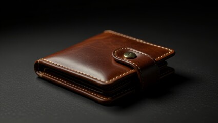 Brown leather wallet with snap button on dark surface