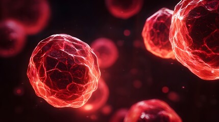 Close-up of vibrant red human cells or microorganisms floating in a dark fluid.