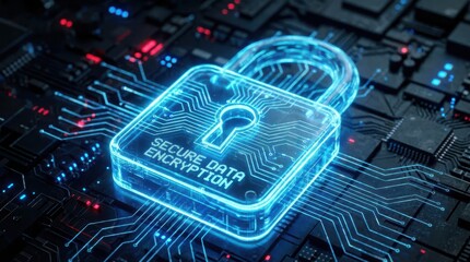 Digital Padlock with Secure Data Encryption Text on Glowing Circuit Board, Concept of Cyber Security and Privacy Protection