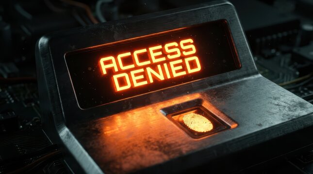 Biometric Fingerprint Scanner Denying Access with Red Glowing Access Denied Text, Concept of Cyber Security Failure and Authentication