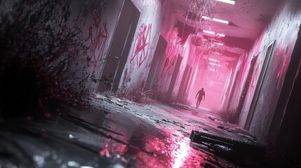 A lone figure walks down a long, decaying hallway illuminated by pink light. The walls are covered in graffiti and debris, creating a sense of abandonment and m