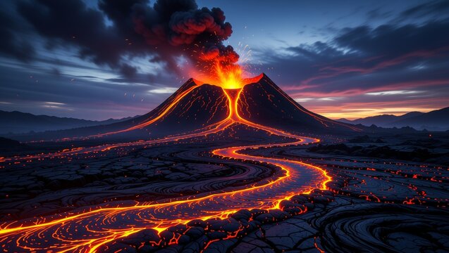 Volcano eruption with lava flows at twilight - Powered by Adobe