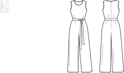 “Elegant sleeveless wide-leg jumpsuit fashion flat sketch with waist tie belt, technical CAD drawing for apparel design and illustration, vector template”