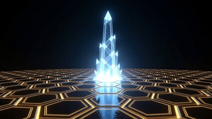 Glowing blue crystal on golden hexagonal grid