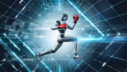 Boxing Robot: A futuristic robot, clad in boxing attire, confidently strikes a pose, demonstrating the seamless blend of technology and the intensity of a sport.