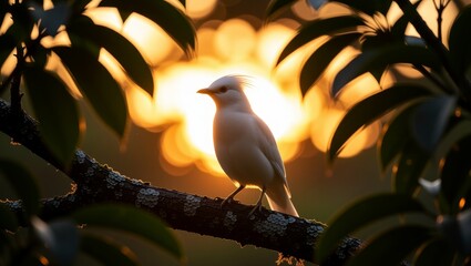 White bird perched on branch at sunset