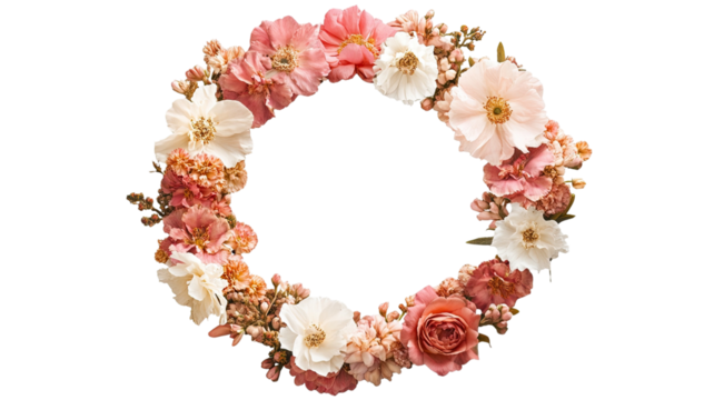Flower jewelry wreath circle featuring delicate floral arrangement with ornate decorative details creating elegant botanical ring isolated on white background