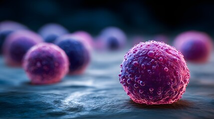 Microscopic view of a single vibrant purple and pink cell, possibly a cancer cell or bacterium, with a textured surface, surrounded by other blurred cells on a dark background, illustrating cellular .