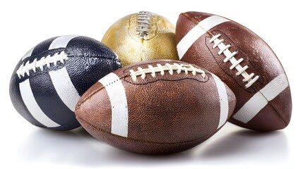 Collection of American Footballs on White Background.