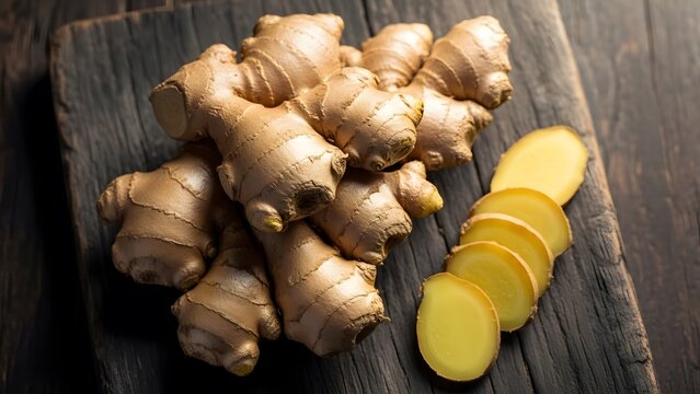 Fresh ginger root and slices on dark wood surface