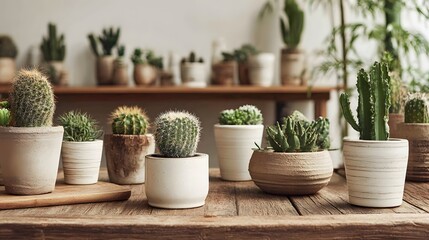 Collection of various potted cacti and succulents on a rustic wooden table in a bright room.