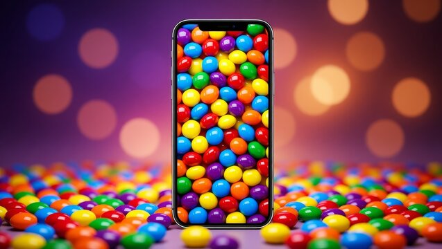Smartphone screen with colorful candy balls and scattered sweets