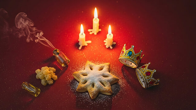 Three kings day epiphany celebration still life with star-shaped cookie, burning candles, golden crowns, smoking frankincense resin, and myrrh oil, artfully arranged on a sparkling red background, evo
