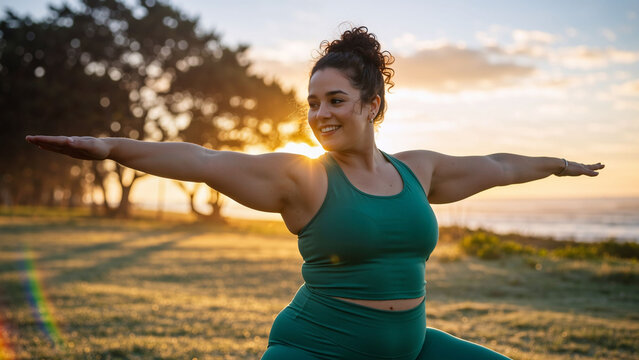 Woman exercising in yoga warrior pose at sunrise on a grassy field by the ocean. Wellness and healthy lifestyle concept with a plus size woman.